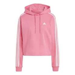ADIDAS Essentials 3-Stripes French Terry Crop Felpa Con Cappuccio Donna - Rosa, Bianco